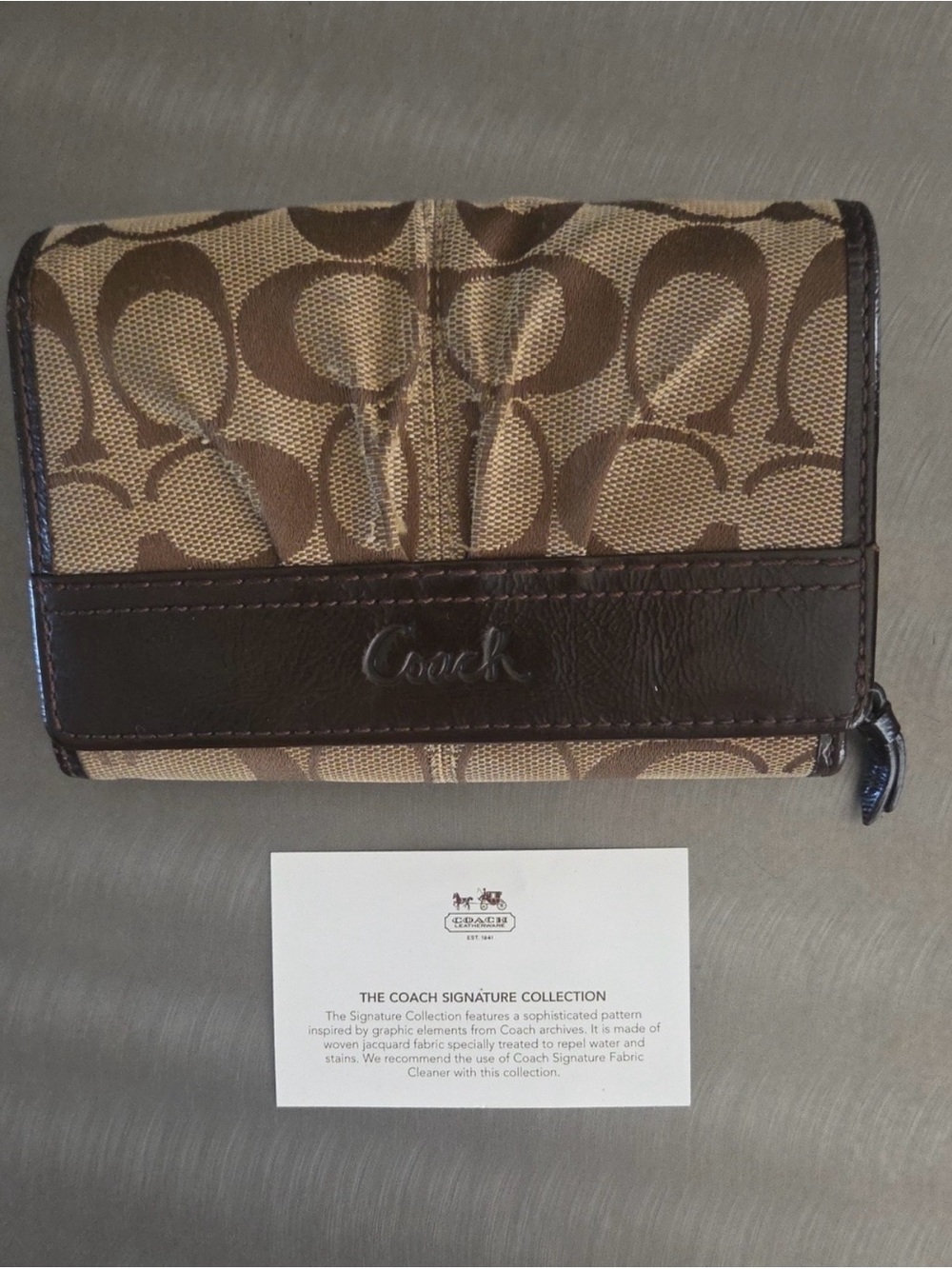 Coach Signature Jacquard Bifold Organizer Wallet Khaki Brown Cursive Logo
